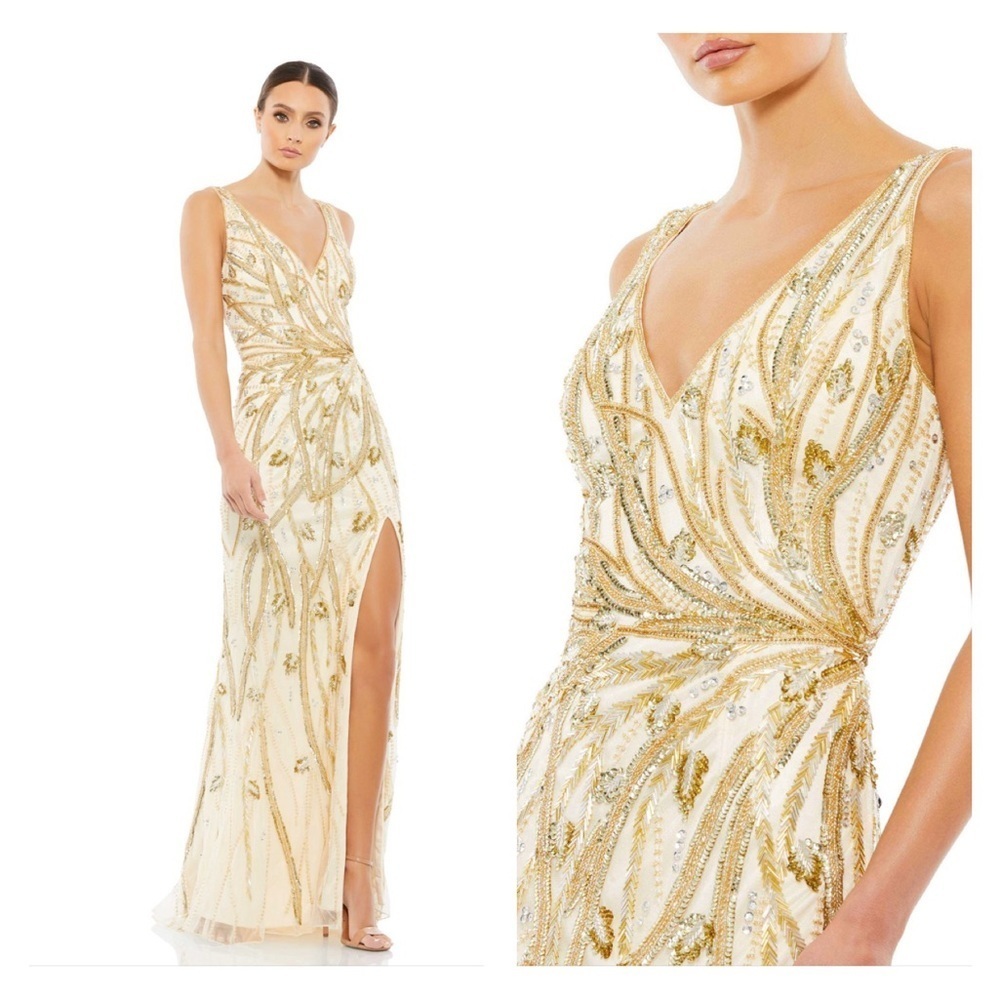 Mac Duggal Ivory and Gold Beaded V-Neck Maxi Gown